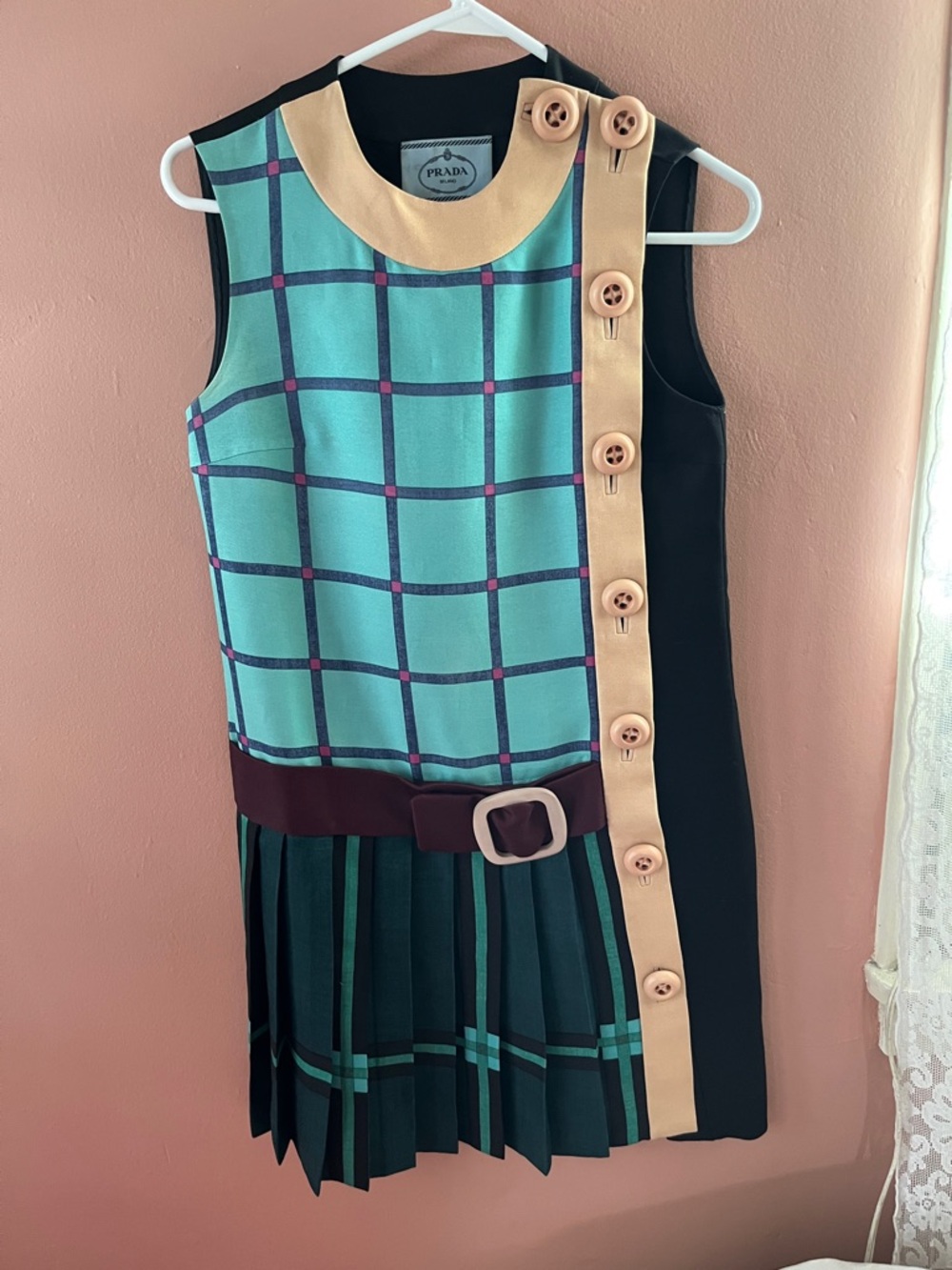 Prada FW2011 Green Plaid Button-Trim Sleeveless Dress